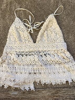 Cream Crochet Lace Boho Crop Halter Top